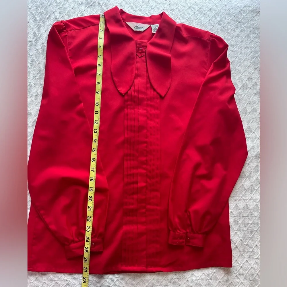 Alicia Red Tie Neck Bow Pleated Blouse Vintage Aesthetic Size 14 Tall - Picture 7 of 10